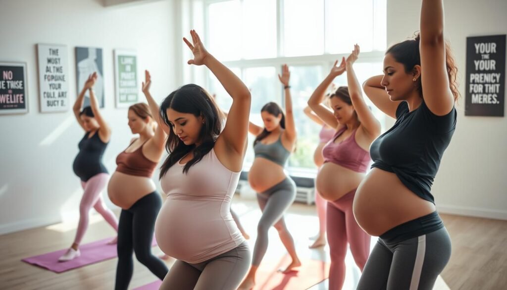 Mujeres embarazadas ejercitándose en grupo