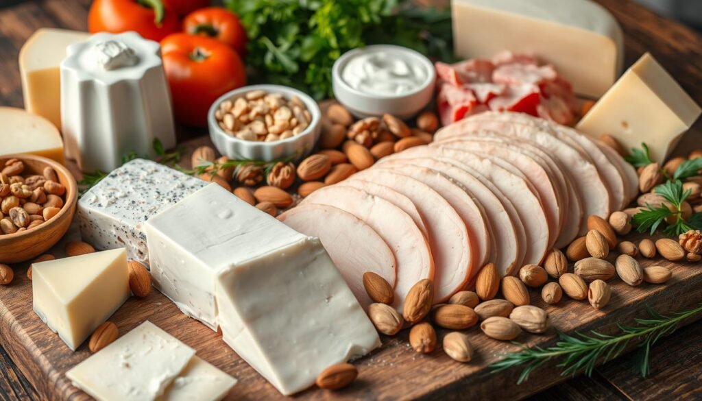 lácteos, carnes magras, nueces