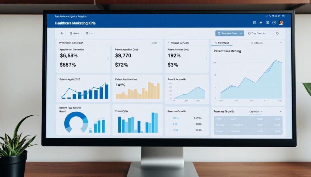 Dashboard de análisis mostrando KPIs de marketing para profesionales de la salud