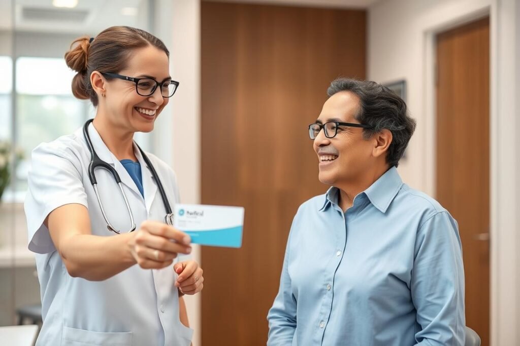 Profesional de la salud entregando tarjeta de referidos a un cliente satisfecho