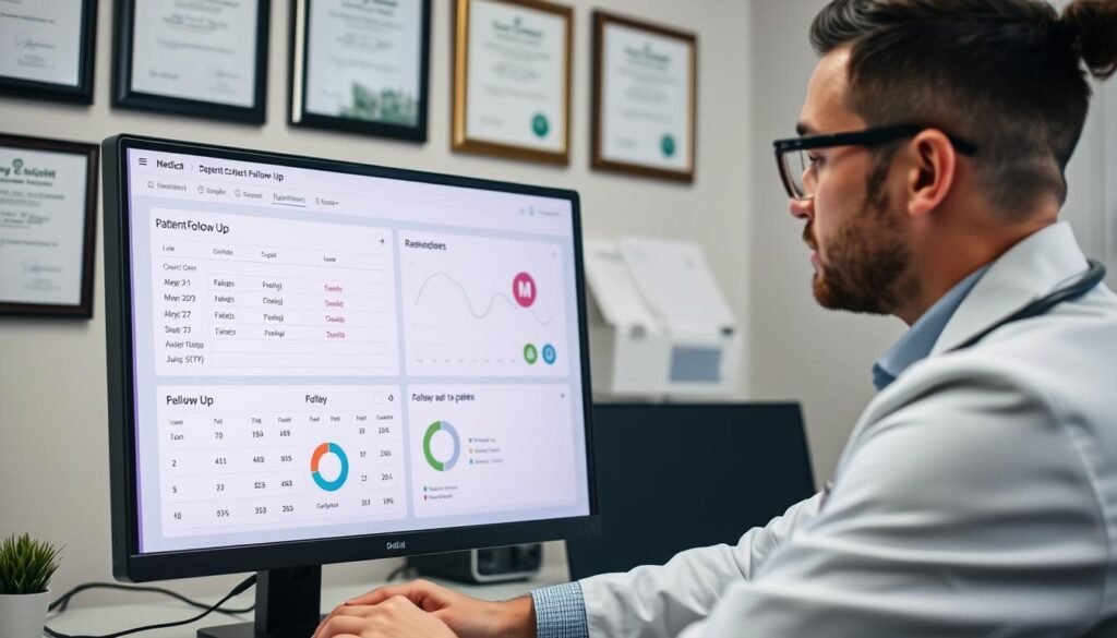 Profesional de la salud revisando un sistema de seguimiento de pacientes en su computadora